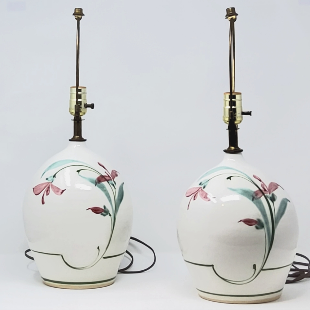 Pair - Vintage Hand Painted Pottery Table Lamp Stoneware - 10” Base, 20” Overall